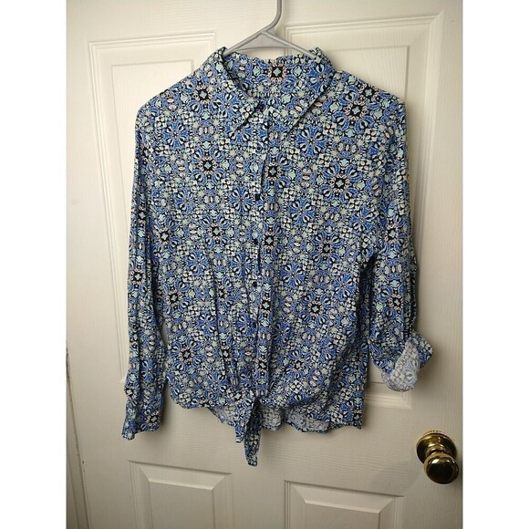 Talbots Blue Artsy Tie Collared Button Front Roll Tab Sleeve Blouse. Size MP - Picture 1 of 10